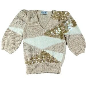 Vintage Nannett Sweater Womens XS Knit Sequins Embellished V-Neck Puff Sleeve